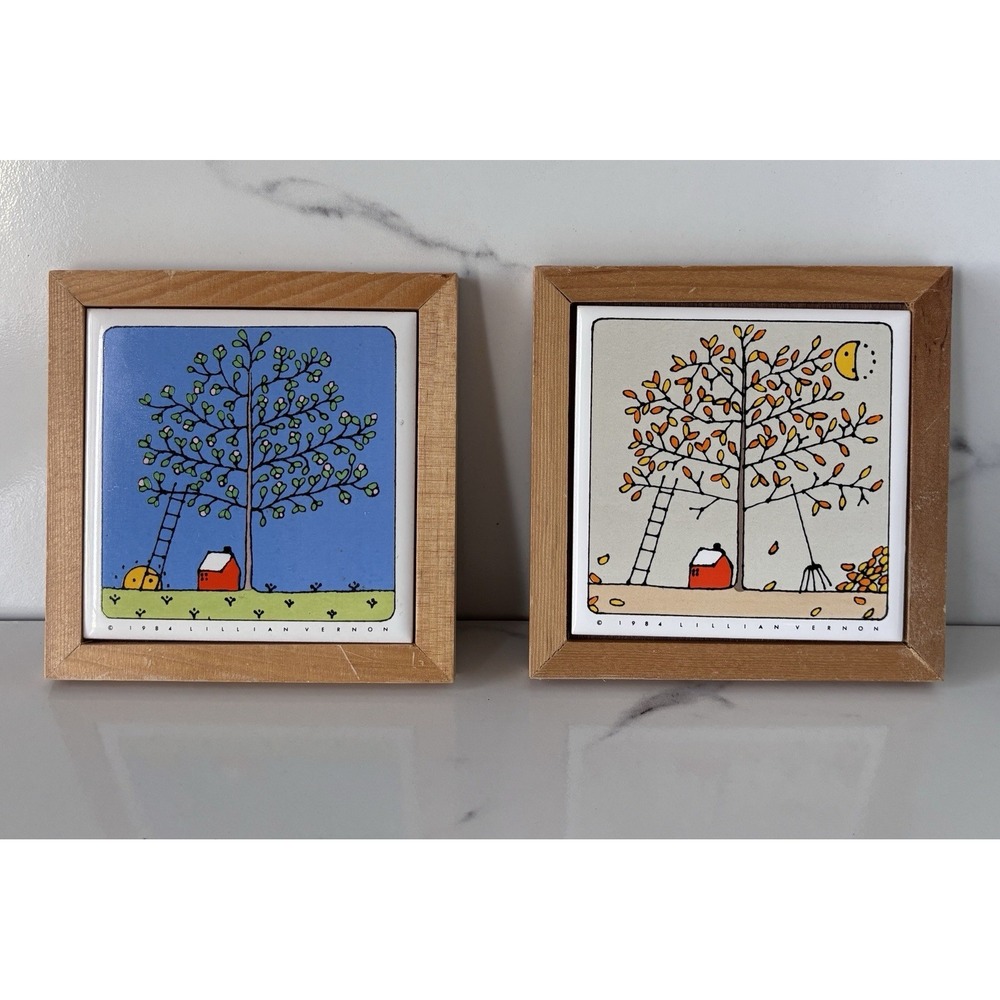 Lillian Vernon Fall &  Spring Season Wall Art Framed Ceramic Tile Trivet 1984
